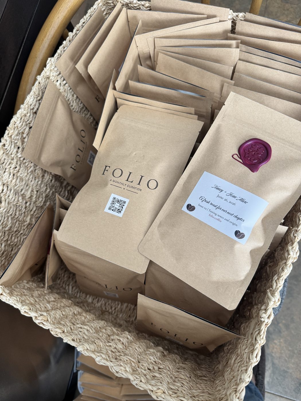 Folio favor bags showing the stamped logo and the wax seal