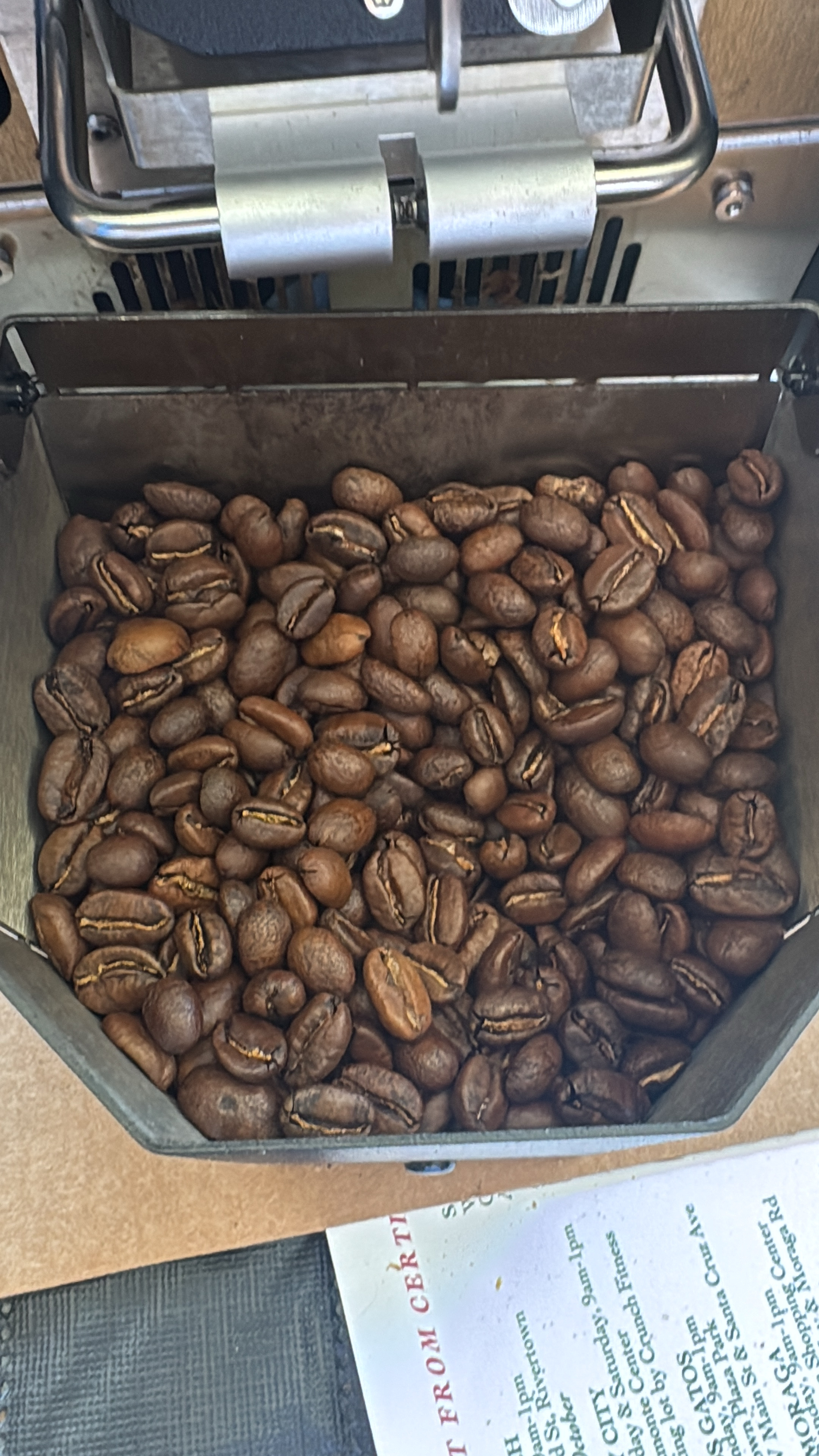 Pink Bourbon beans in the cooling tray after a Kaleido roast.
