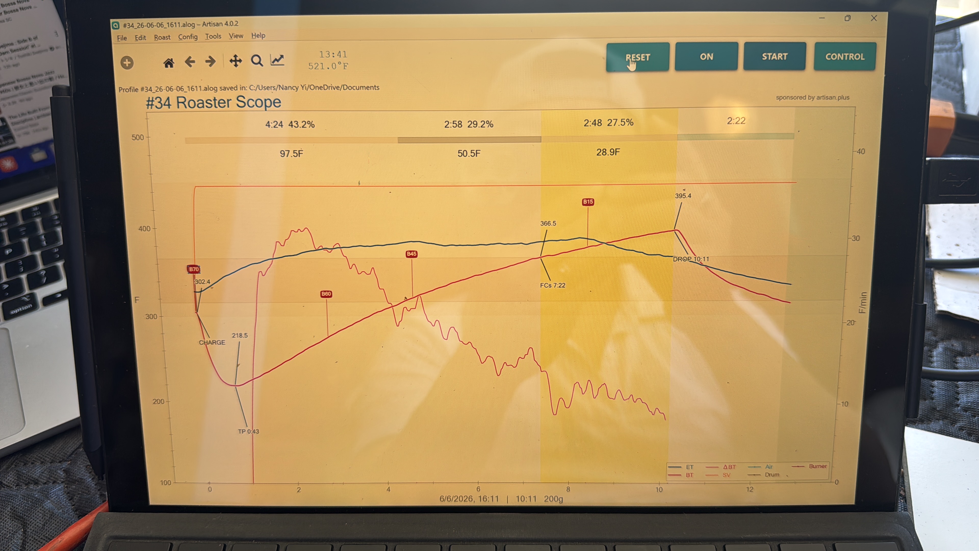 Artisan roast profile from today's Pink Bourbon roast on the Kaleido M1 Lite.