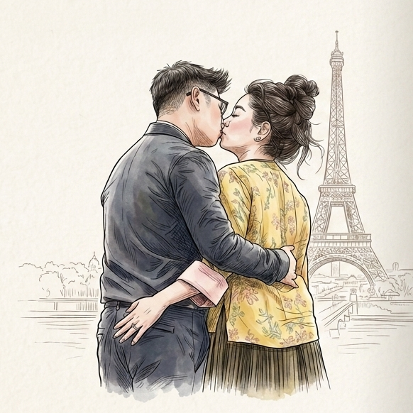 An illustration of Jean-Marc and Nancy in front of the Eiffel Tower